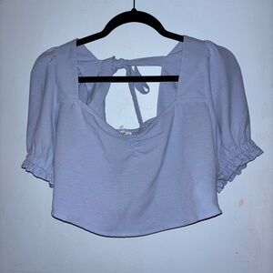Blue Puff Sleeve Crop Top with Smocked Tie Back